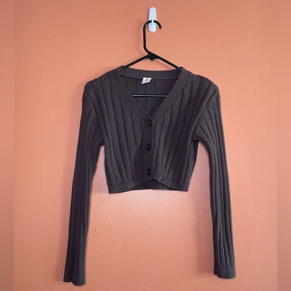 Abound Long Sleeve Ribbed Cropped Cardigan in Brown Womens Size XXS - Picture 1 of 4
